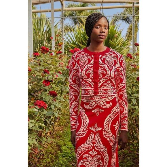 FARM Rio Sweaters - Farm Rio Red & Off White Tropical Jacquard Knit Cardigan Sweater Size XLarge